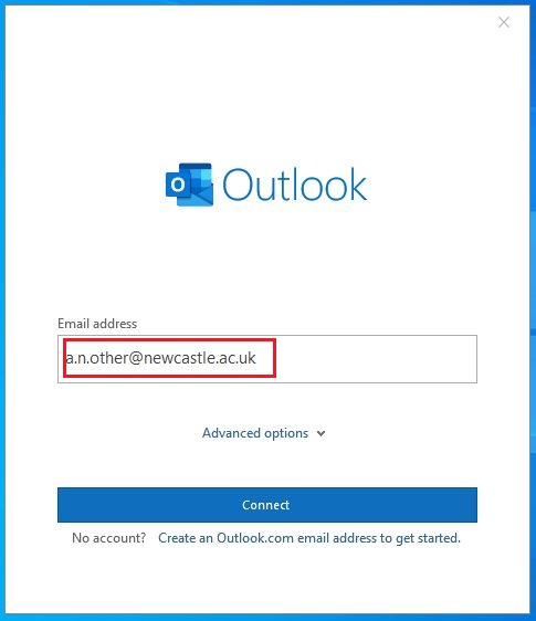 An example of setting up the desktop Outlook client.  Step 1 of the setup process.