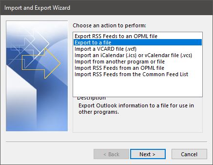 Export Outlook contacts step 2