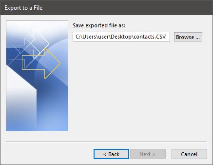 Export Outlook contacts step 5