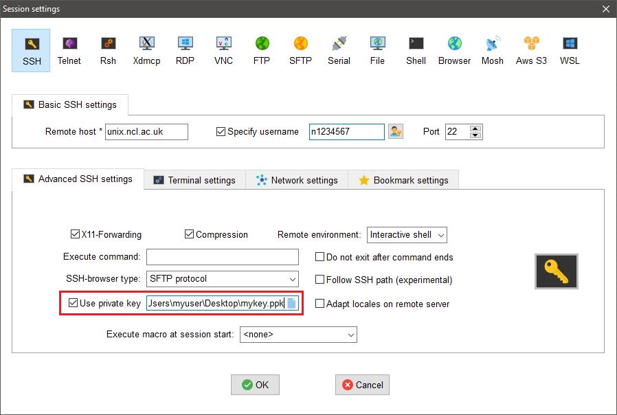 MobaXTerm setting private key in SSH session options