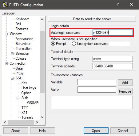 Setting auto login username in PuTTY