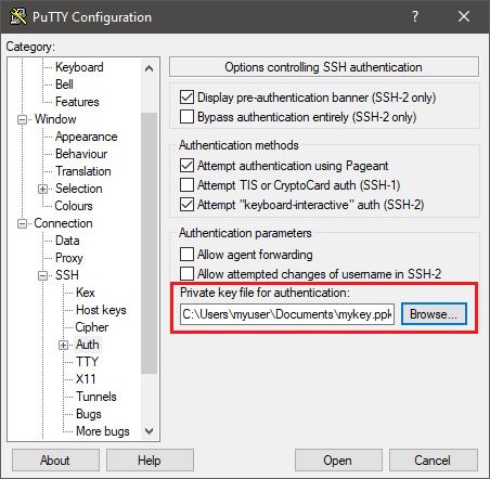 Selecting private key in PuTTY