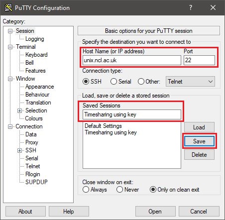 Saving session settings in PuTTY