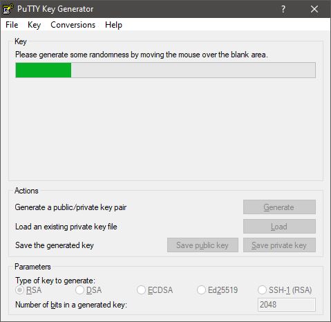 PuTTY Key Generator generating key