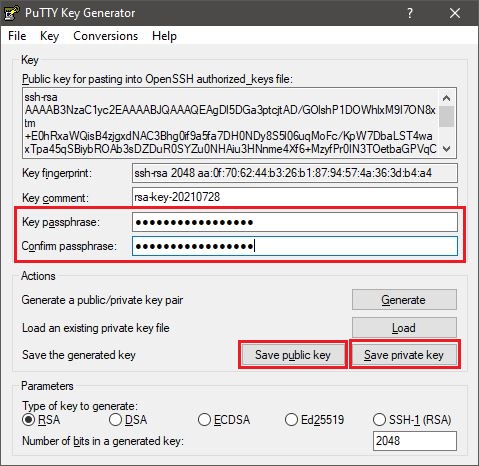 PuTTY Key Generator saving public and private keys