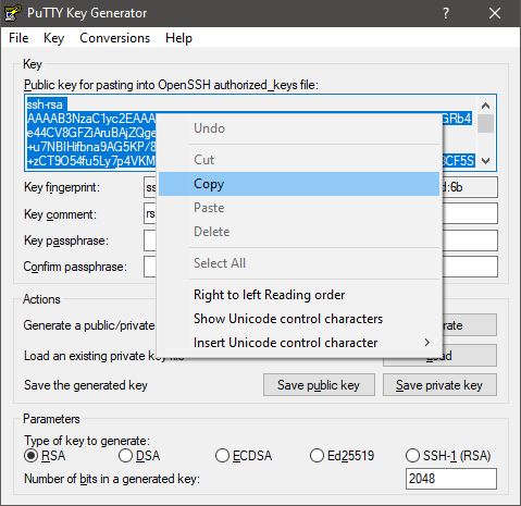 PuTTY Key Generator selecting and copying OpenSSH public key data