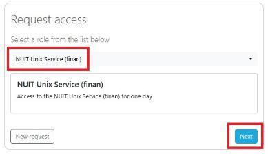 Screenshot of web portal showing the specific role to select when using the NUIT Unix Timesharing system