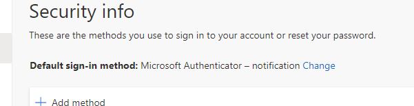 A screenshot showing the "default sign-in method" option in the "Security Info" section of a Microsoft account.